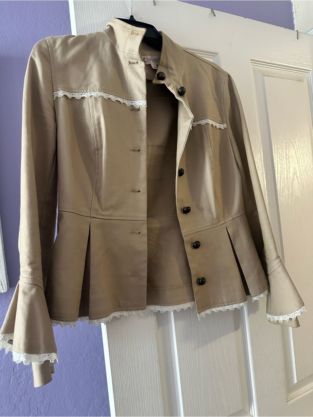 Nanette Lepore Beige Lace-Trim Peplum Jacket